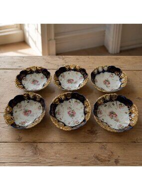 Antique German IPF Cobalt & Gold Gilt Rose Dessert Bowls Set of 6